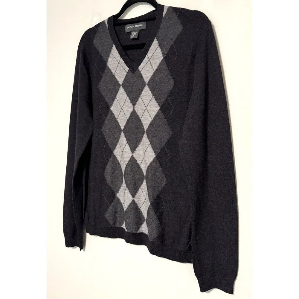 Banana Republic 2007 Style Wool Argyle Sweater Sz S Gray 90s Preppy University